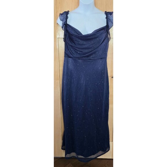 Navy Blue Sparkle Midi Dress With Ruffle Straps & Bow Back homecoming formal - Picture 1 of 5